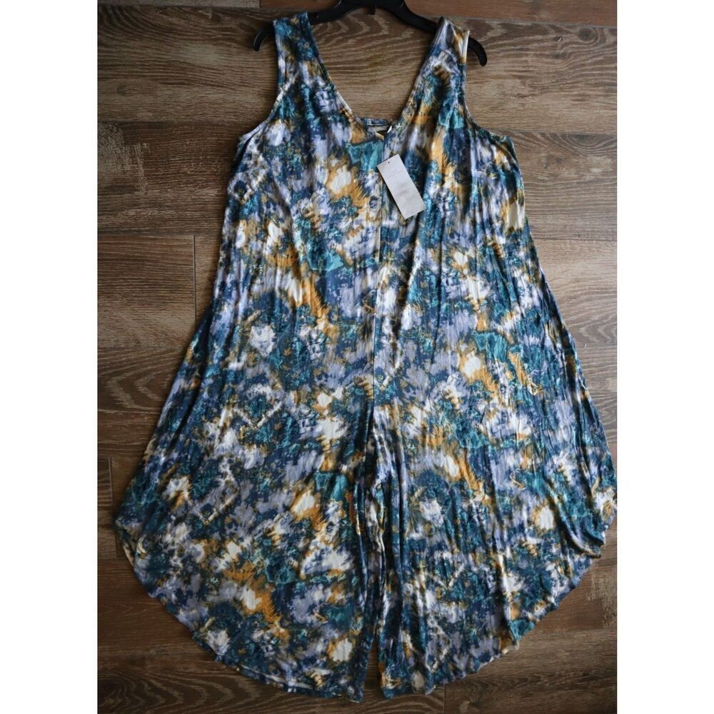 New Directions Women's Plus Sz 2X Teal Blue Multi Sleeveless Genie Jumpsuit